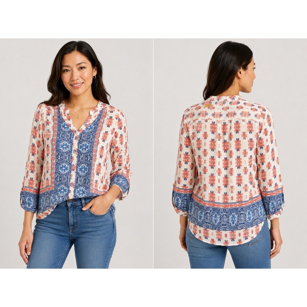 Ruby Rd Womens Medium Blue White Floral Print Boho Peasant Blouse 3/4 Sleeve Top